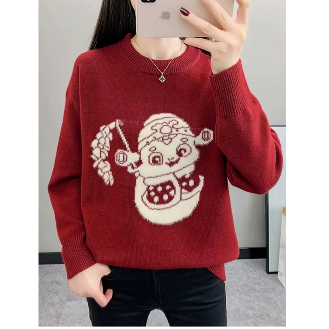 玲家精选02121款号新年红圆领针织毛衣