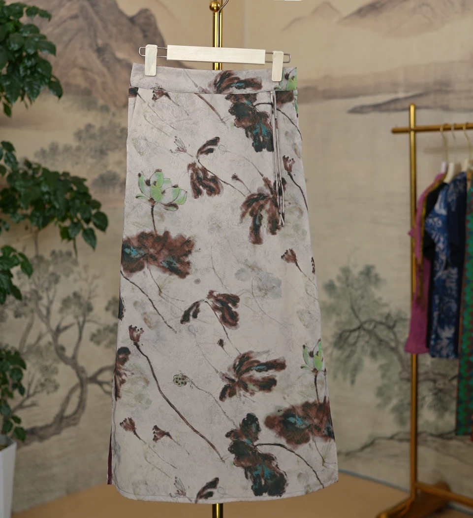 夏季薄款半身裙气质国风印花女士时尚显瘦开叉直筒裙