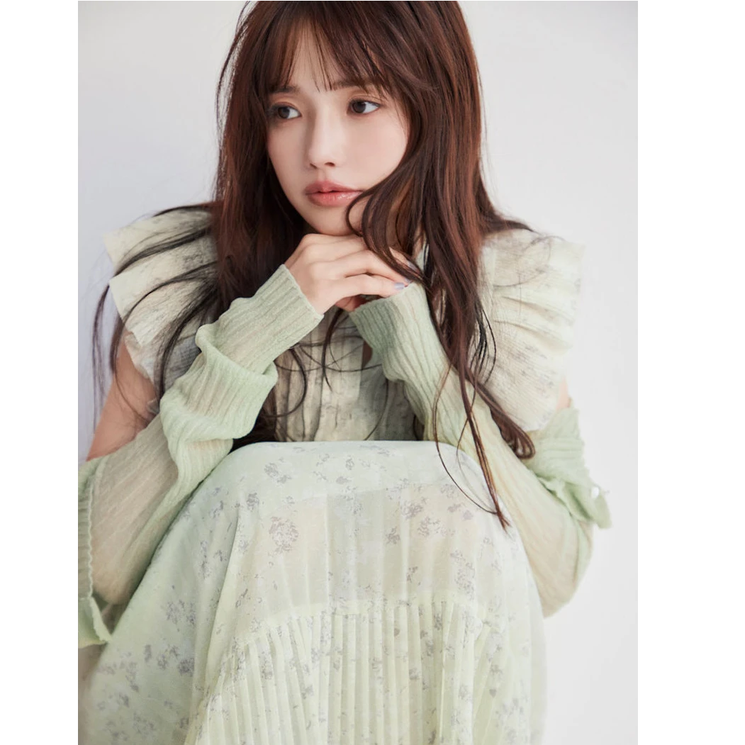 清新小立领松紧压褶袖气质印花连衣裙碎花裙