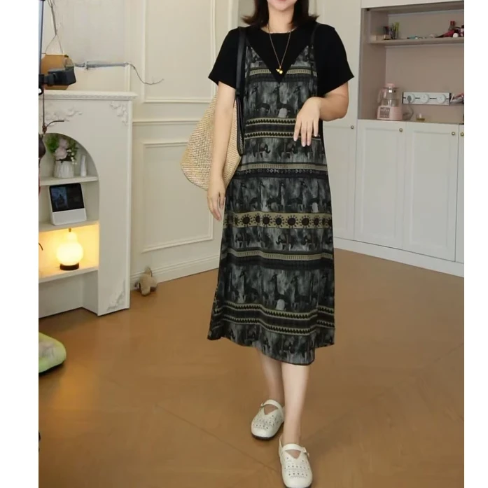 大码女装拼接长款连衣裙夏季薄款显瘦气质时尚吊带假两件A字裙H