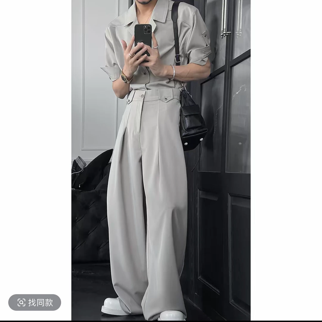 龙刀2025夏季新品套装简约高级短袖宽松衬衫上衣设计休闲衬衣长裤