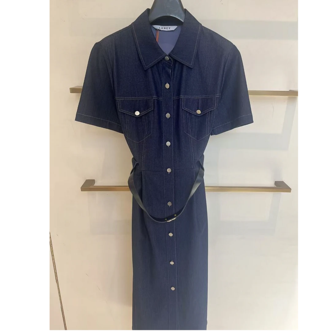 朗姿新款气质连衣裙蓝色时尚休闲百搭夏季复古裙