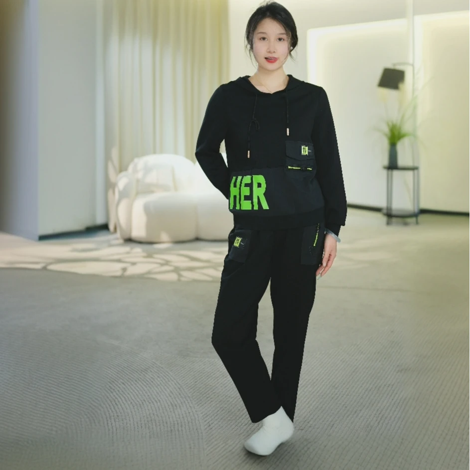 【F689】休闲运动套装运动潮流宽松黑色百搭印花时尚卫衣