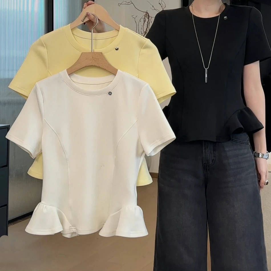 韩系简约风荷叶边正肩短袖T恤女夏小个子芭蕾风时尚纯色百搭上衣