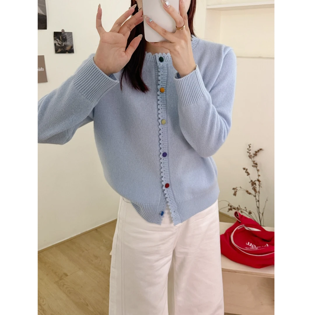 【彩扣小狗牙】100绵羊毛-秋冬圆领宽松设计感长袖针织衫女打底毛衣