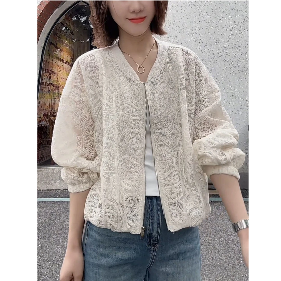 韩系重工镂空蕾丝短外套女春季2025新款设计感小个子防晒薄款上衣