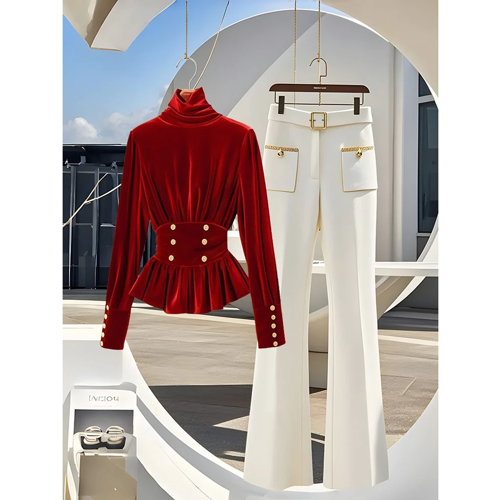2025穿搭一整套本命年洋气轻奢红色上衣高腰显瘦时尚气质直筒裤女