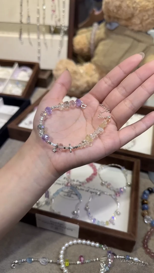 银S925镶嵌手链水晶桂花银链条