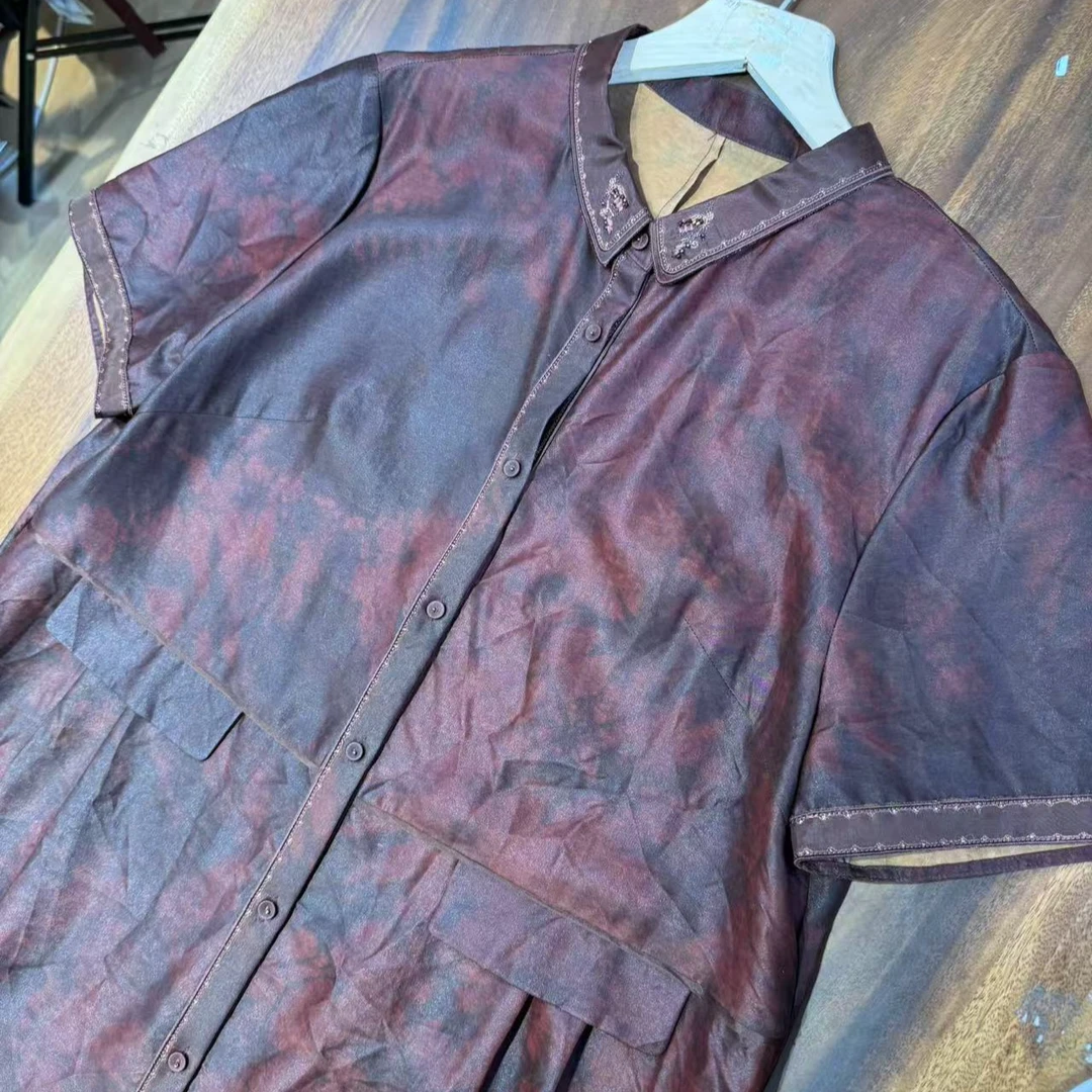 CHEN HENG 中长裙衬衫领夏季晕染短袖连衣裙户外迷彩扎染