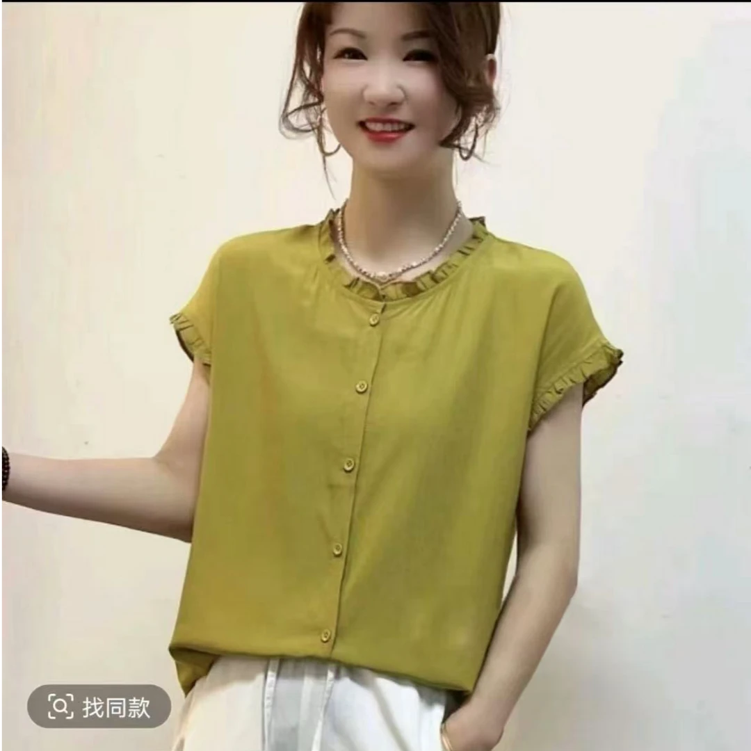 纽扣短袖纯色圆领休闲风短袖T恤针织夏季印花新中式气质百搭0617