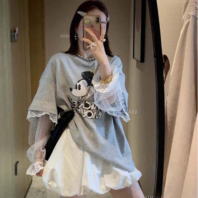 韩系穿搭夏季新款减龄时尚卡通米奇蕾丝拼接假两件圆领休闲T恤