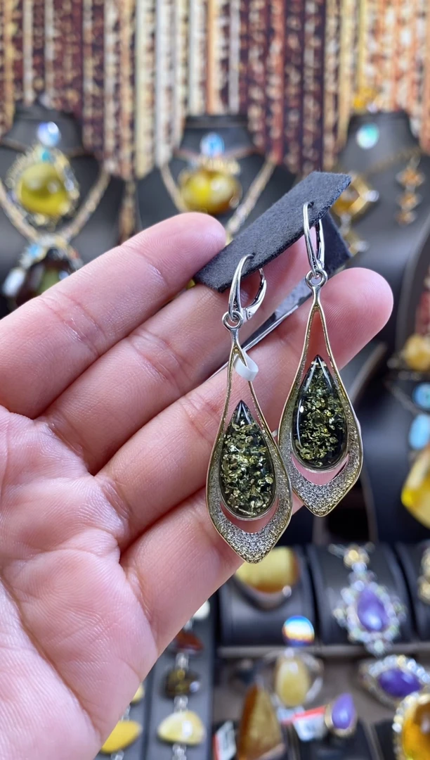 银S925镶嵌琥珀耳饰耳环