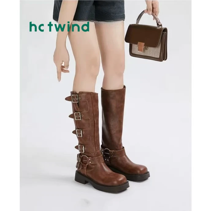 热风百搭棕色不过膝长筒靴女2025新款西部牛仔靴长靴高筒骑士靴子