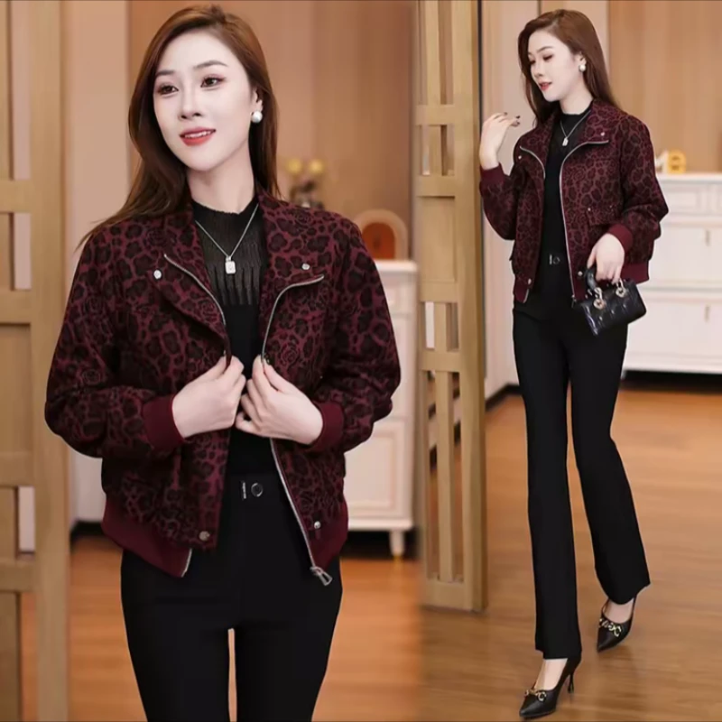 女秋冬季短外套韩版修身豹纹女夹克休闲立领加厚女装