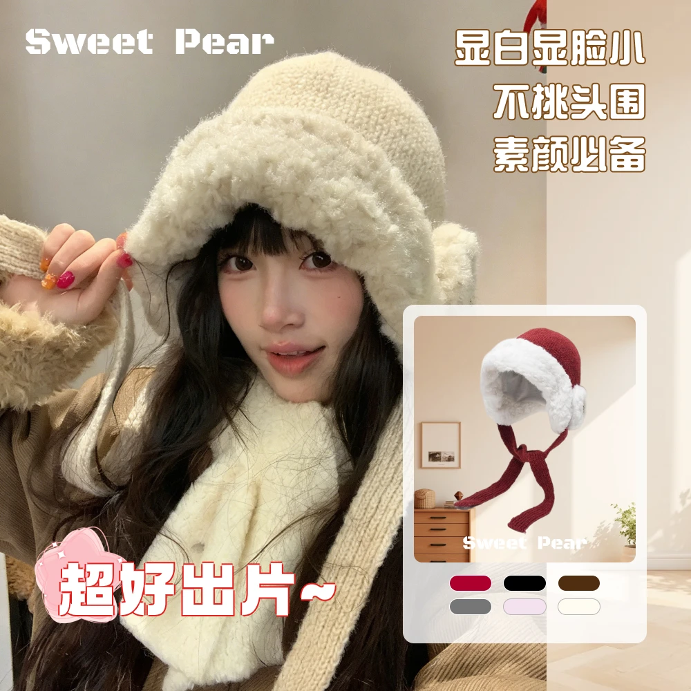 冬日加厚毛绒针织毛线帽子女秋冬季新款大头围骑行护耳保暖雷锋帽