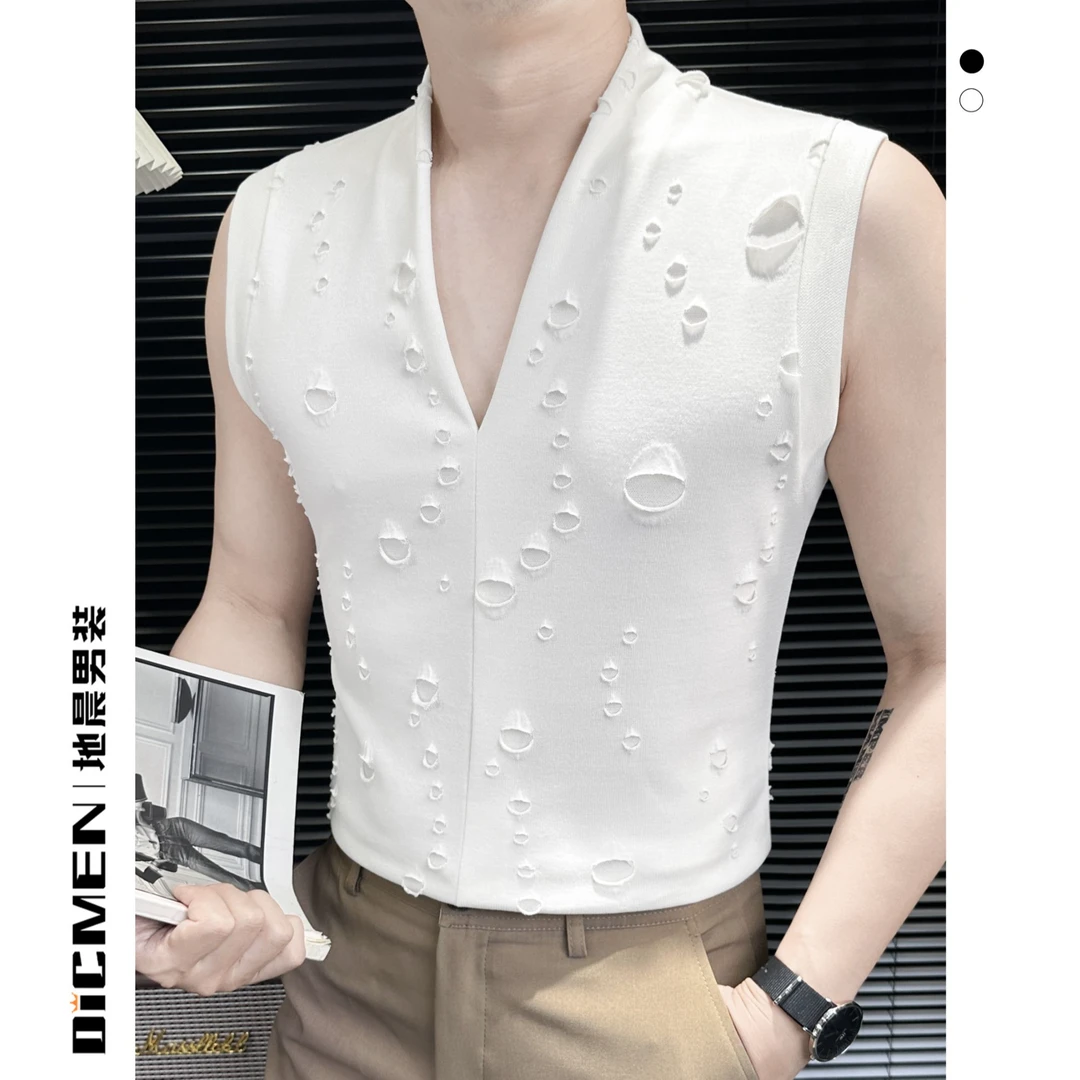 痞帅V领无袖坎肩背心夏季薄款修身做旧设计感男款爆款2025新款t恤