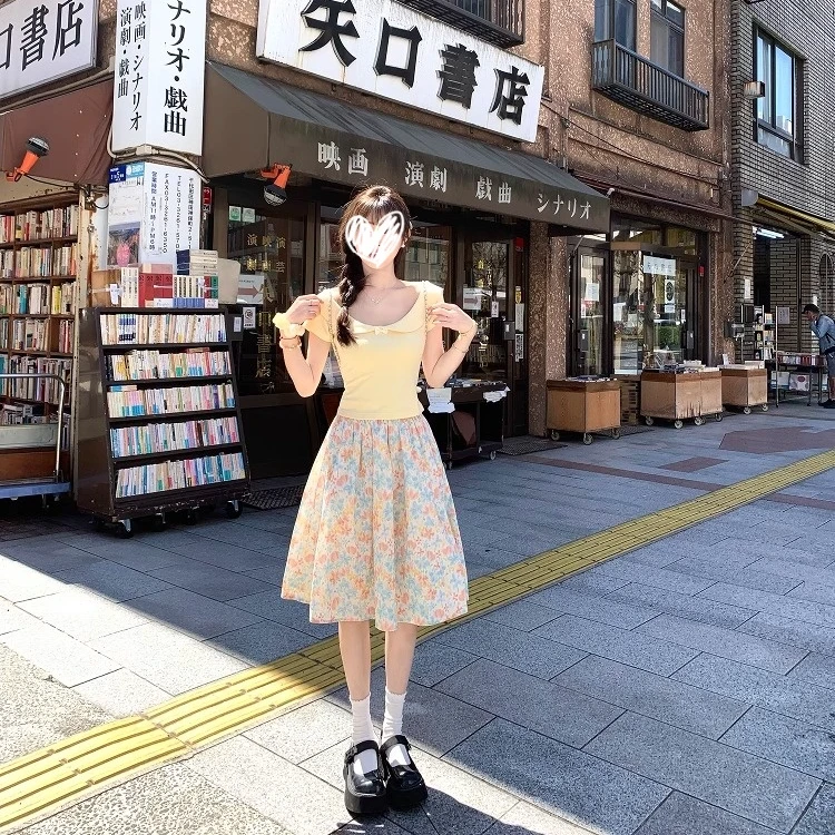 【现货专属】昭和doll感少女日系风短款T恤碎花半身裙中裙套装