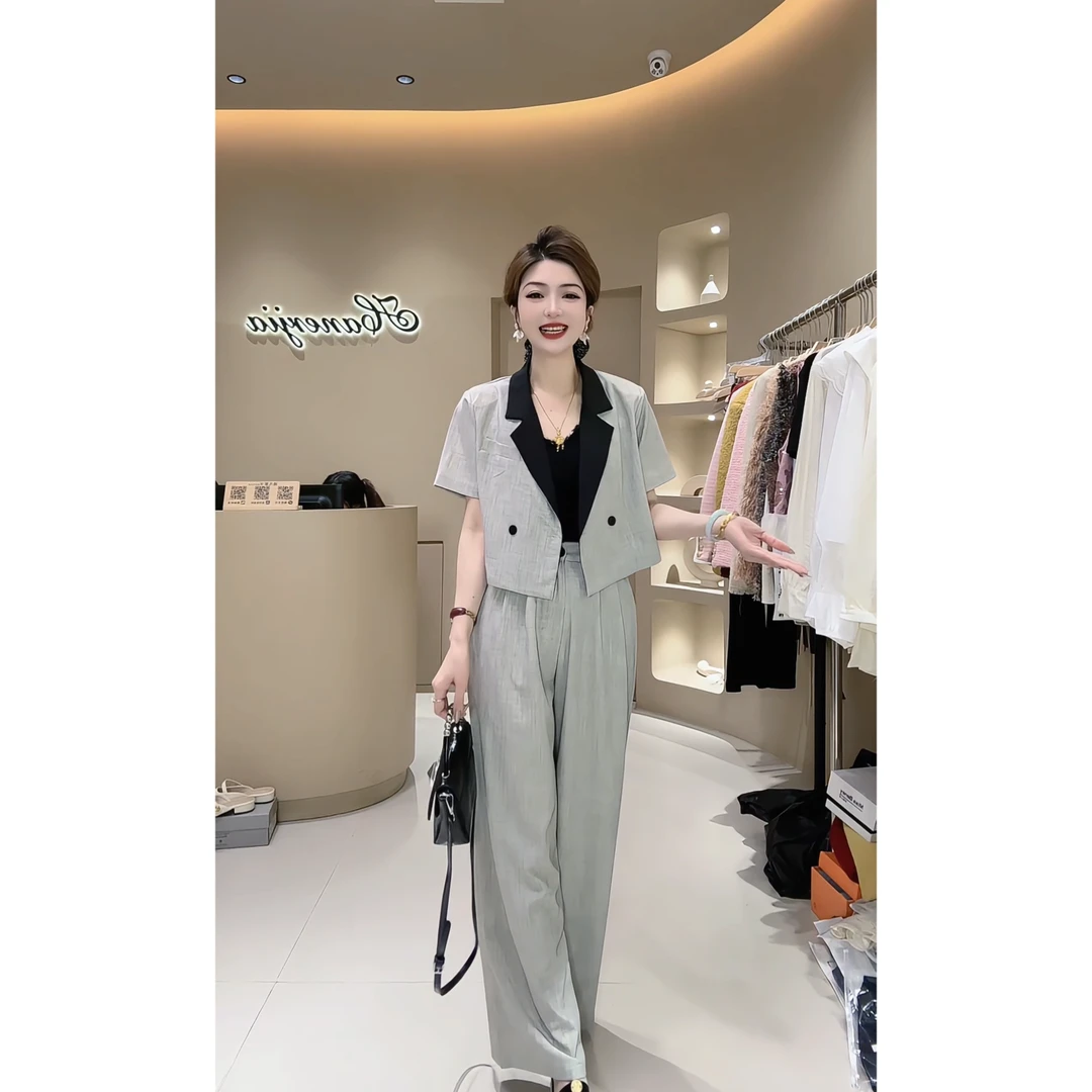 涵儿家 气质时尚竖纹撞色拼接西装两件套套装（西装外套+阔腿西裤）