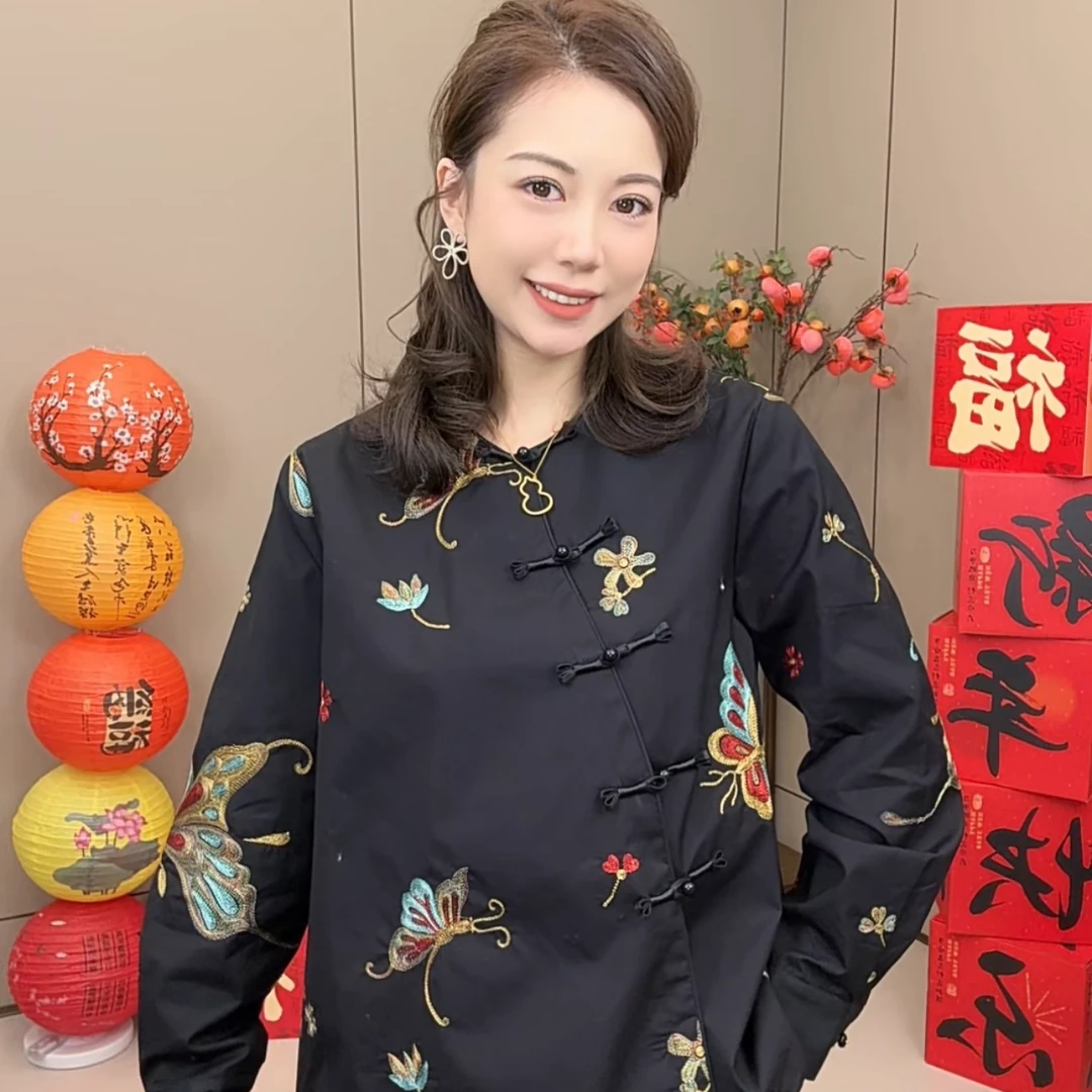 新款蝴蝶棉衬衫蝴蝶刺绣宽松显瘦斜襟国风新中式衬衫167