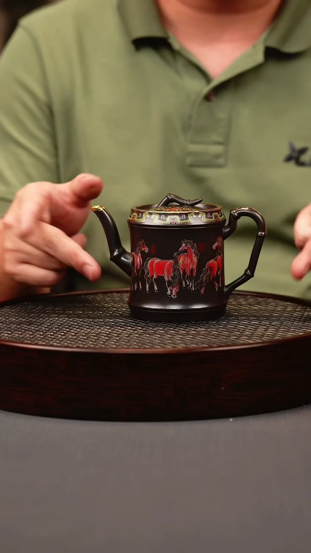 茶壶紫砂石黄 竹节 八骏珐琅彩