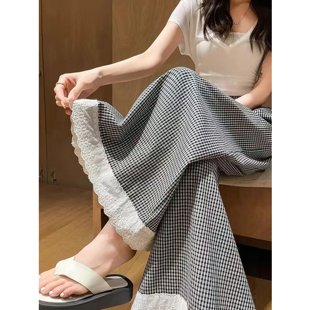 黑白格子蕾丝花边阔腿裤女夏季薄款休闲外穿垂感宽松九分裤