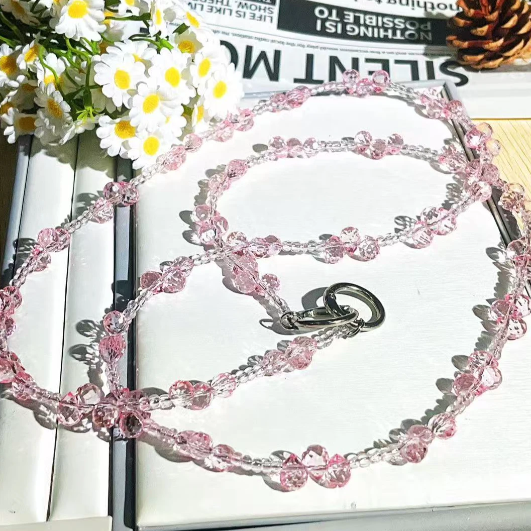 B011【长款粉红回忆】清新粉手机挂绳斜挎可背长款手机挂链手工