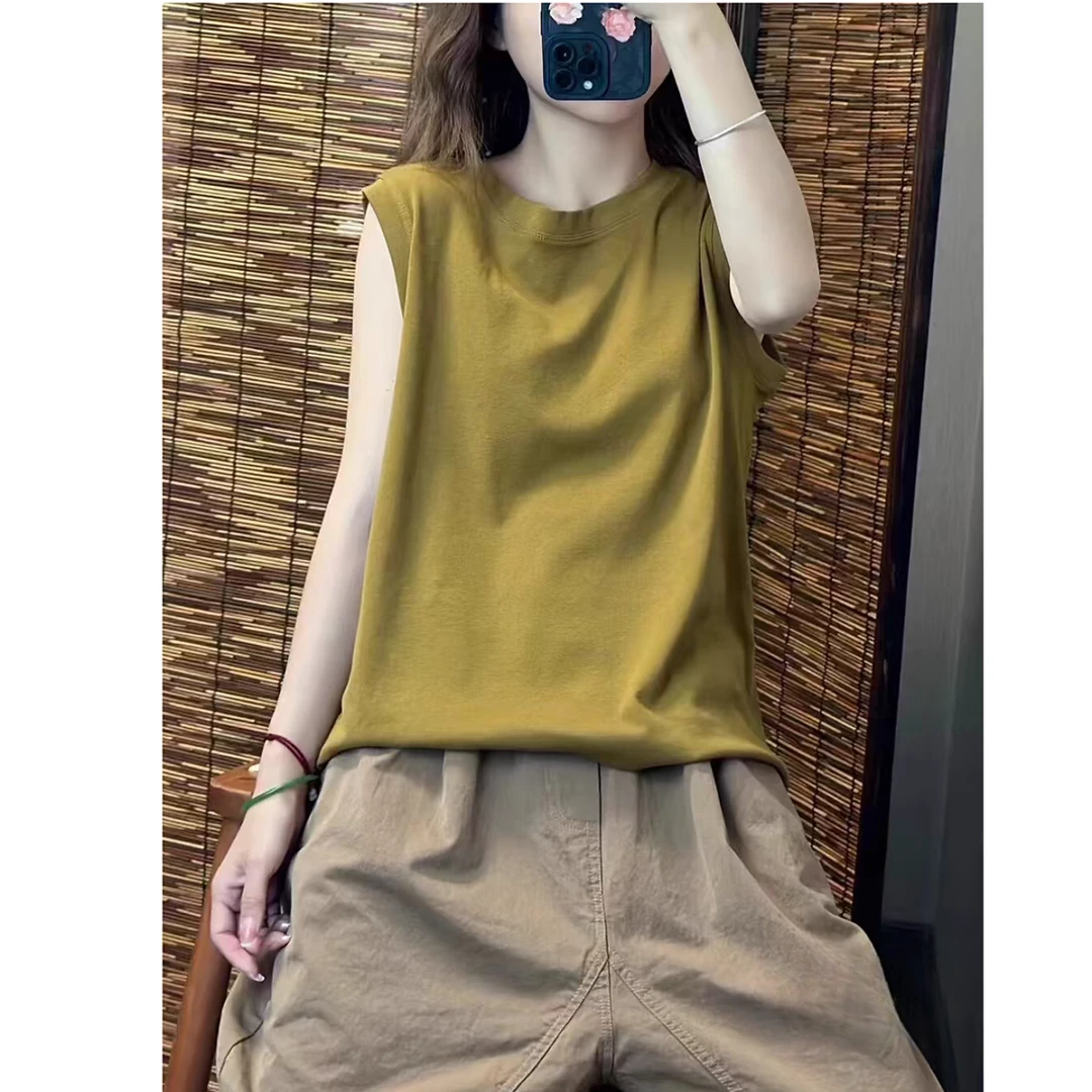 夏季文艺简约棉质吊带背心女士宽松休闲百搭圆领T恤无袖打底上衣