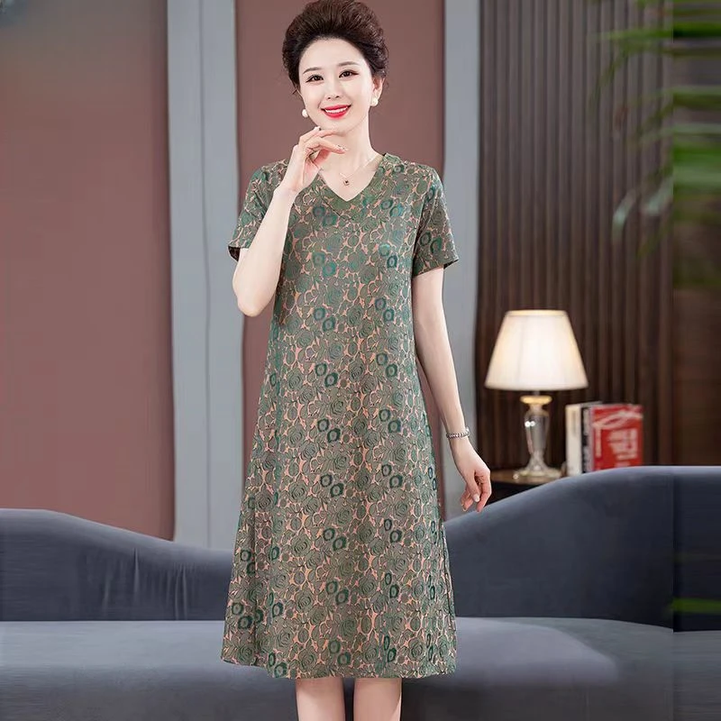 9653-夏季新款短袖碎花A字版气质妈妈装连衣裙女