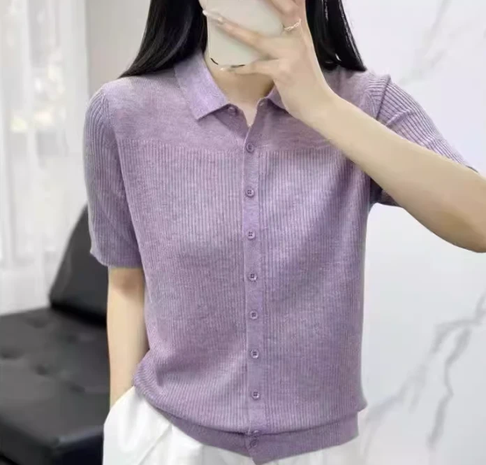 【情书短袖-紫】早春新款Polo领翻领纯色针织开衫宽松百搭针织衫