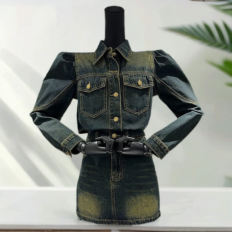 B6008秋季新款气质泡泡袖不规则露后腰短款上衣+高腰半身裙套装女