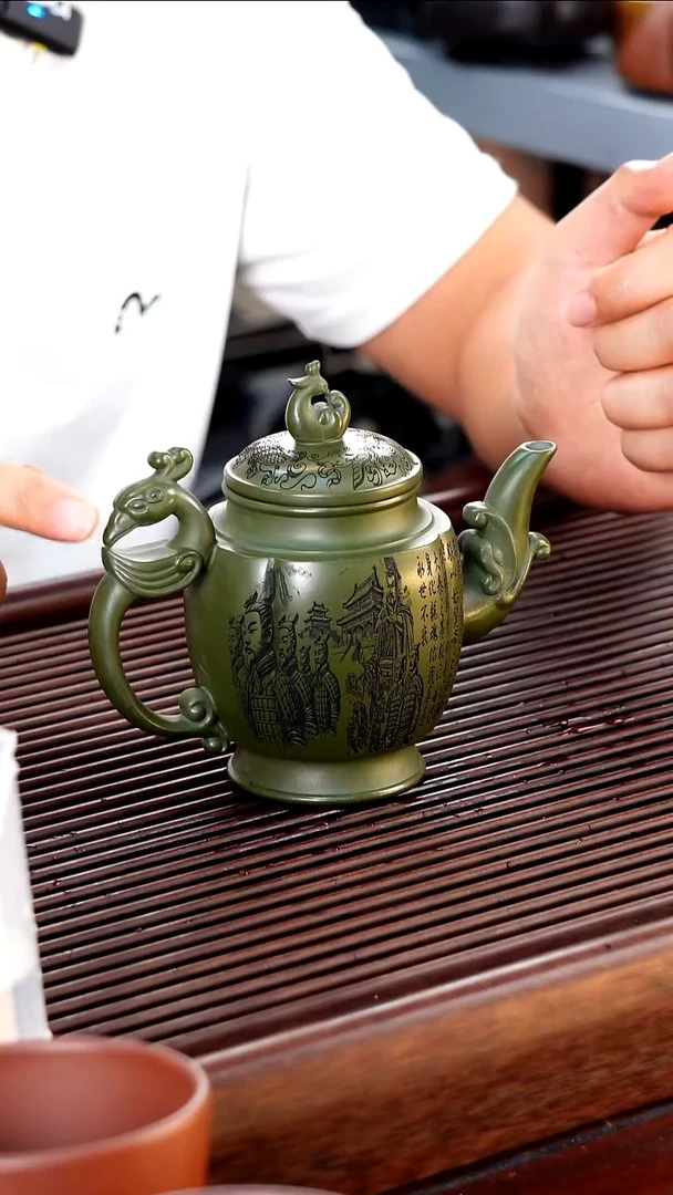 茶壶紫砂景州绿泥手刻龙凤齐鸣330cc左右