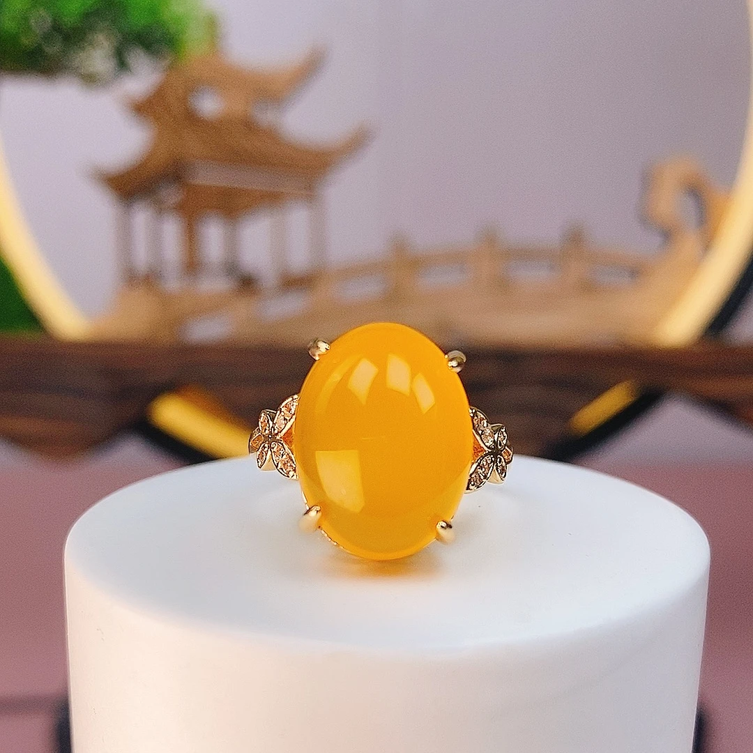 满蜜鸡油黄戒指 黄龙玉戒指大蛋面戒指天然玉石带证书带礼盒