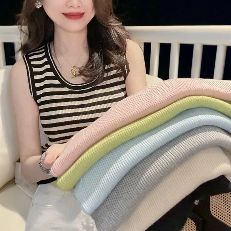 欧货2025春夏新款时尚百搭显瘦条纹无袖背心女外穿打底衫洋气上衣