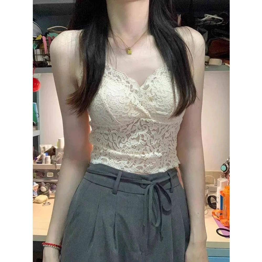 芯娇晴纯欲风白色蕾丝吊带背心女夏季打底内搭带胸垫短款无袖上衣