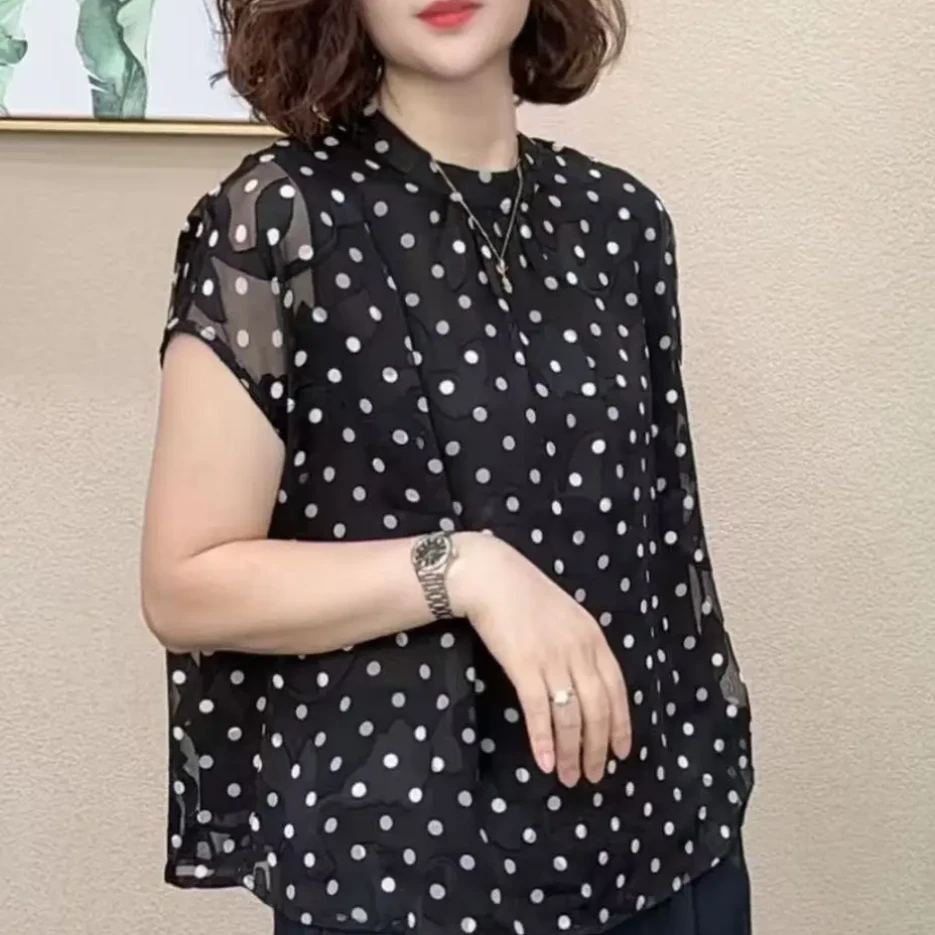 夏季新款时尚洋气圆领波点短袖衬衫印花显瘦减龄休闲百搭气质上衣