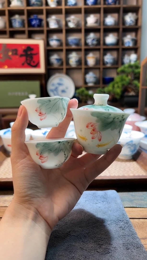【闪购商品】五彩荷花迷你盖碗+2个客杯