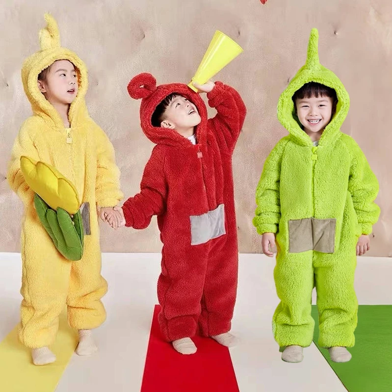 天线宝宝儿童连体睡衣法兰绒秋冬女童男孩卡通可爱连帽外穿家居服