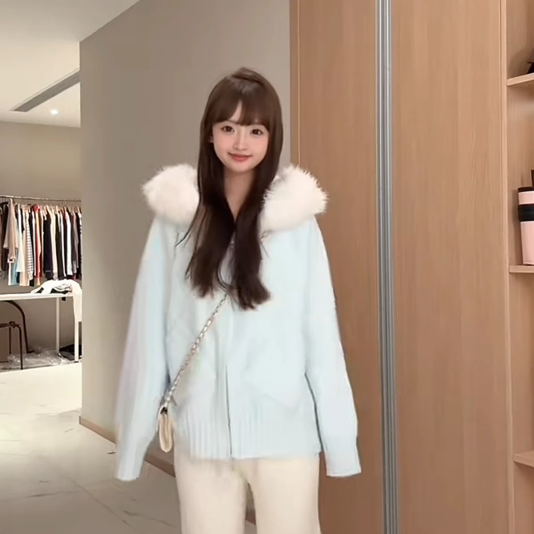 【正版原版：濮院原创】1122双拉链毛领连帽针织女显瘦秋冬毛衣外套