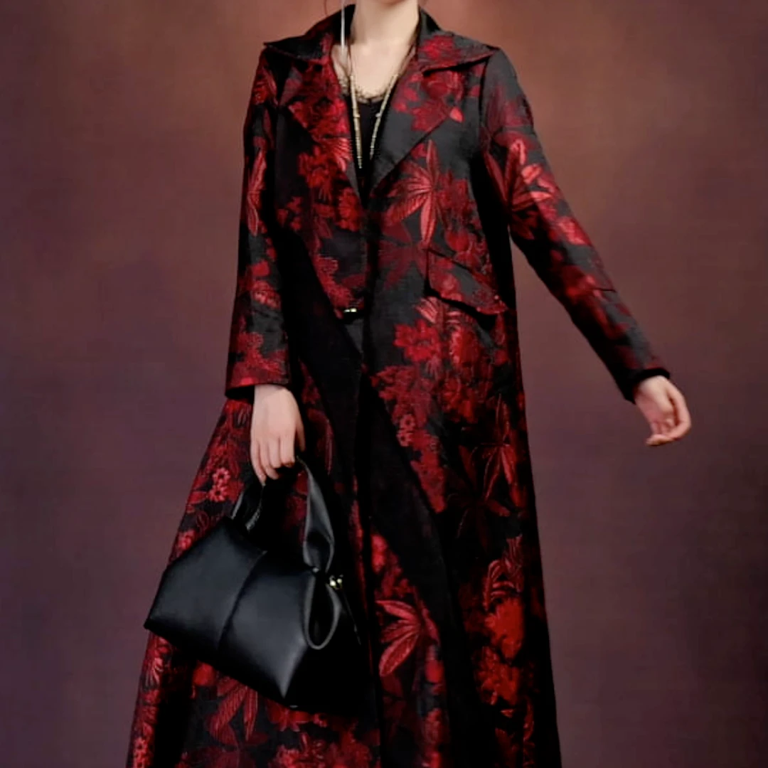 【大海轻奢】W23453-1新款设计师黑拼红刺绣浮雕花时尚外披