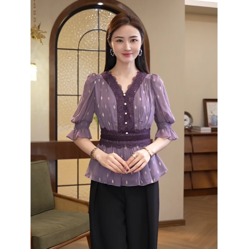 2026夏季新款【H-X362】小众法式高级感蕾丝洒金紫色短袖衬衫上衣