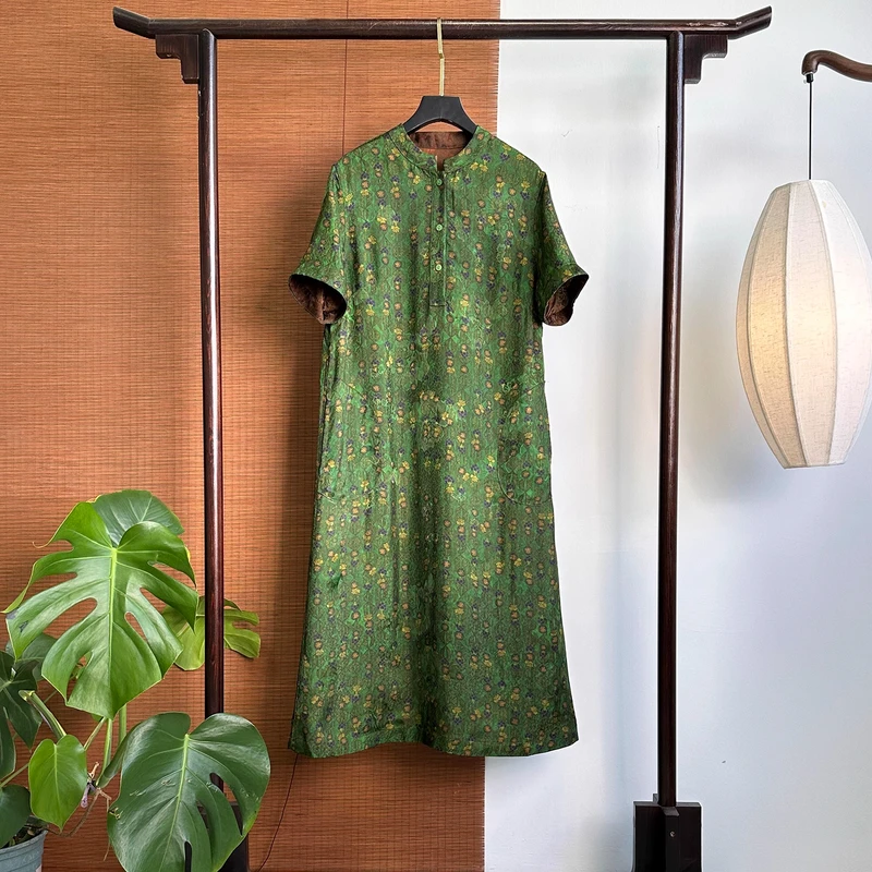 【251158】绿宝相花 新中式40姆米 牡丹刻花连衣裙