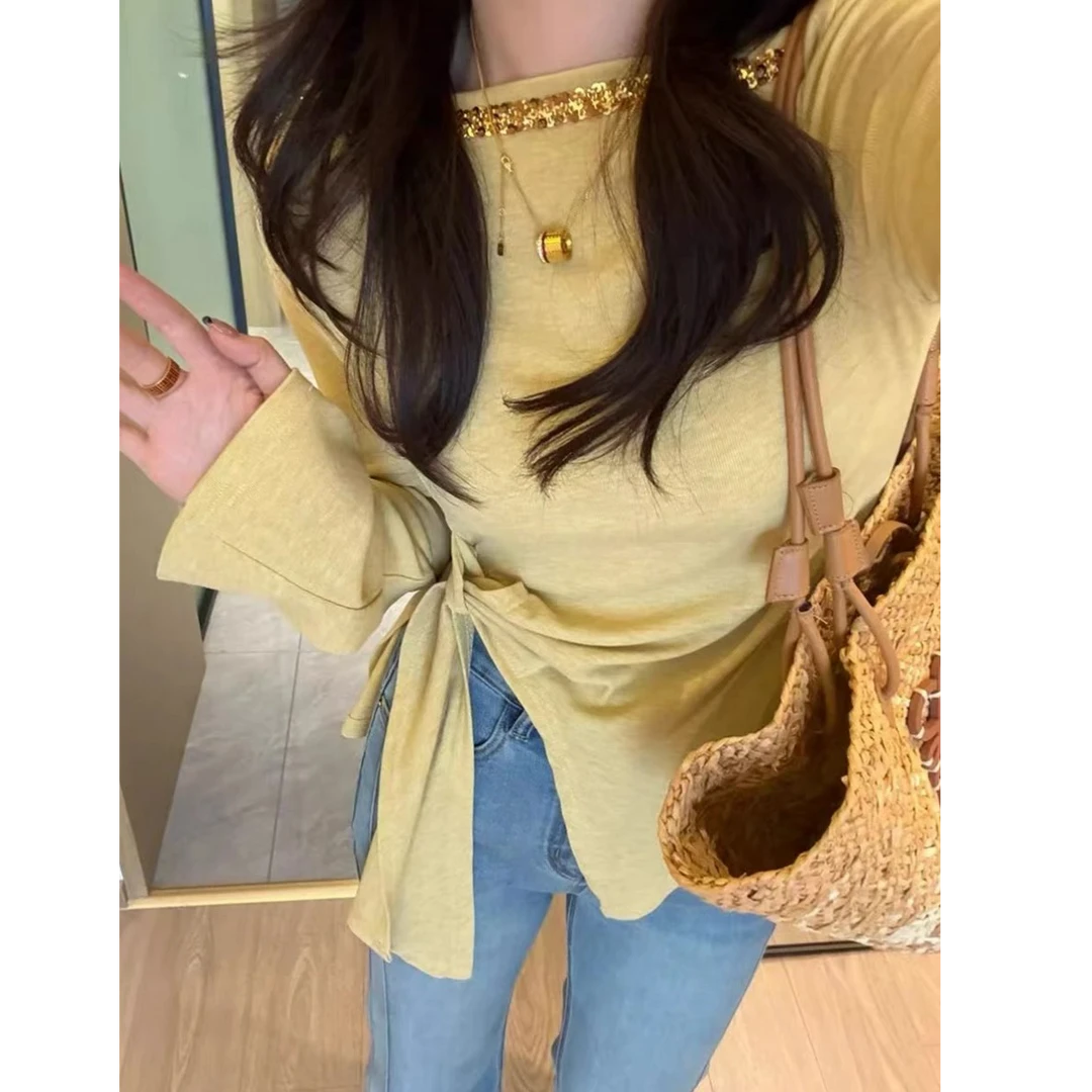 绑带开叉长袖T恤女2025新款春夏时尚设计感收腰上衣