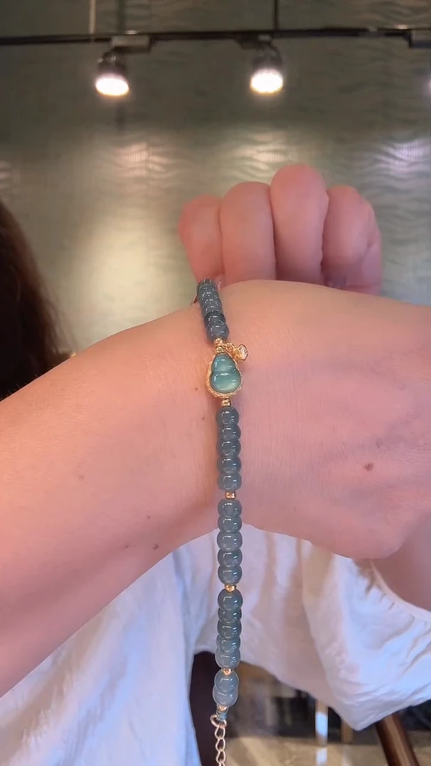 银S925镀金镶嵌手链翡翠天空蓝葫芦手串
