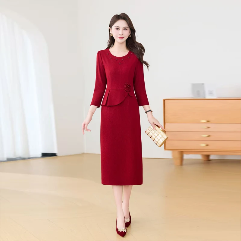 喜婆婆结婚宴会装礼服连衣裙春秋新款洋气质显瘦减龄妈妈假两件套