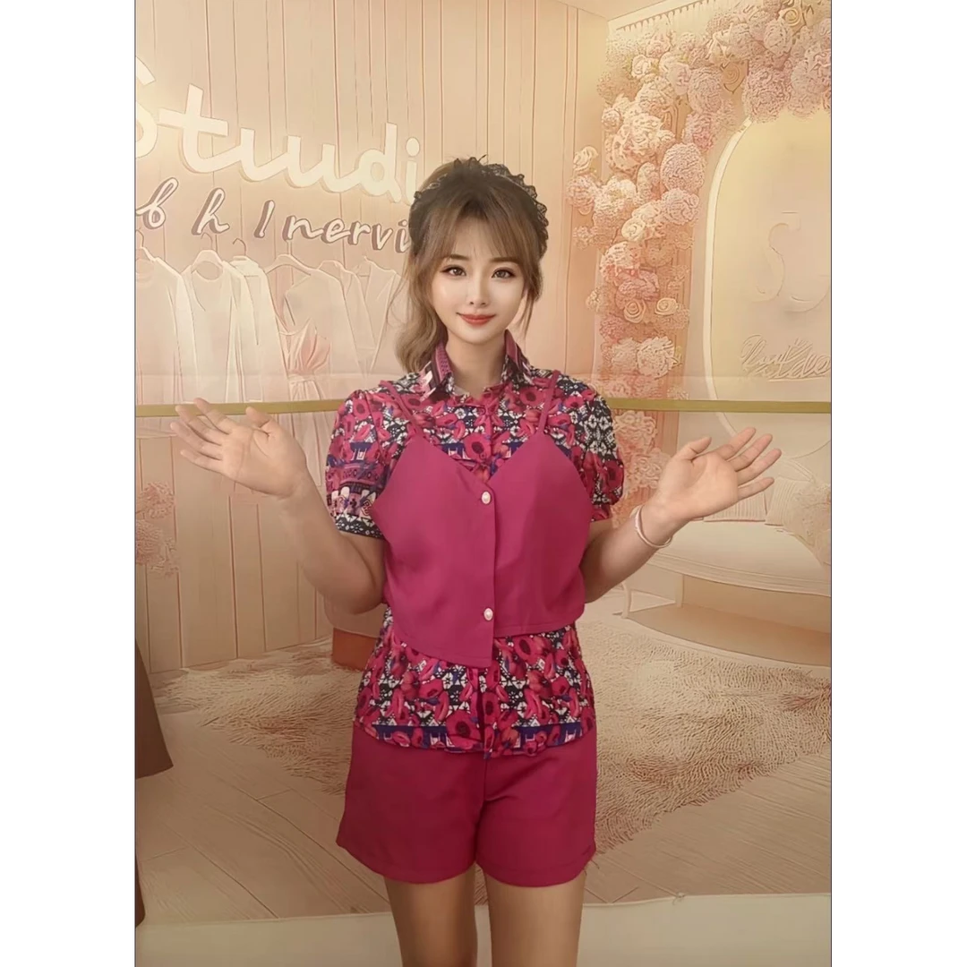 欧洲站新款小香风假两件衬衫女时尚宽松阔腿短裤休闲套装