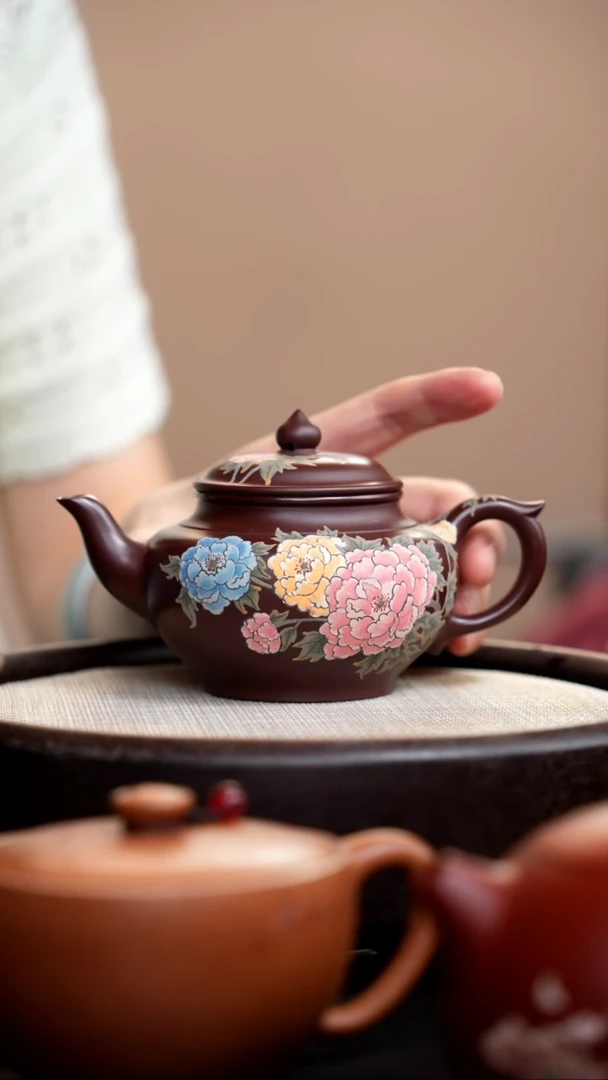 茶壶紫砂紫脂泥笑樱泥绘三花