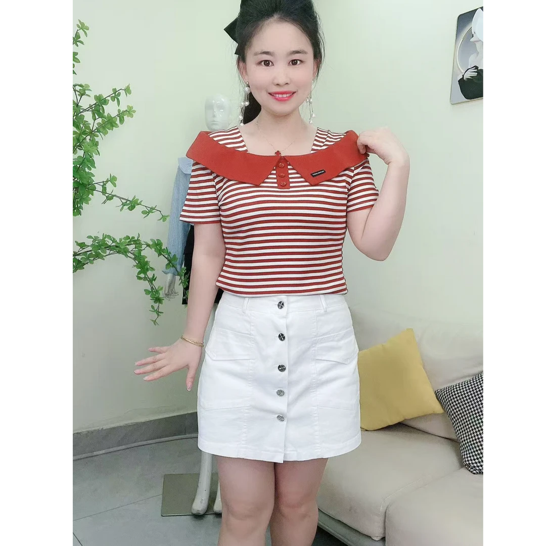 淑女日记··时尚修身显瘦方领拼接短袖T恤条纹设计洋气百搭上衣323