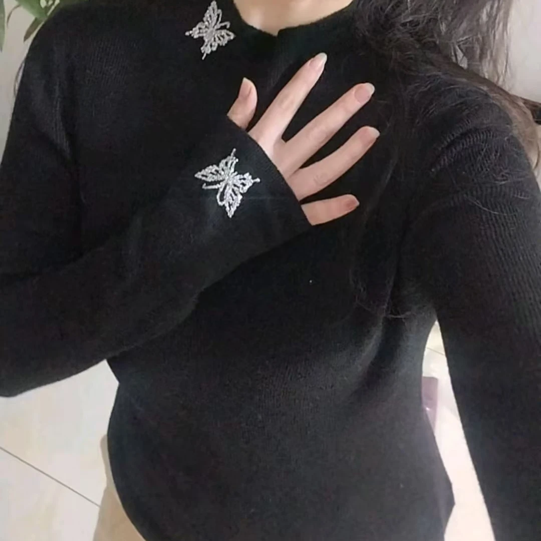 百搭网红秋冬毛针织衫毛衫毛衣女装蝴蝶加厚长袖针织