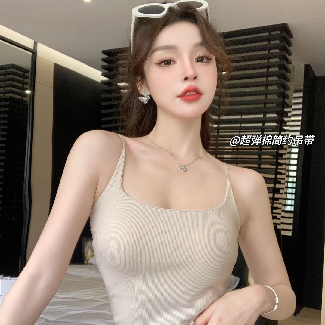 极简纯色简约大气螺纹棉简约一字领细肩吊带