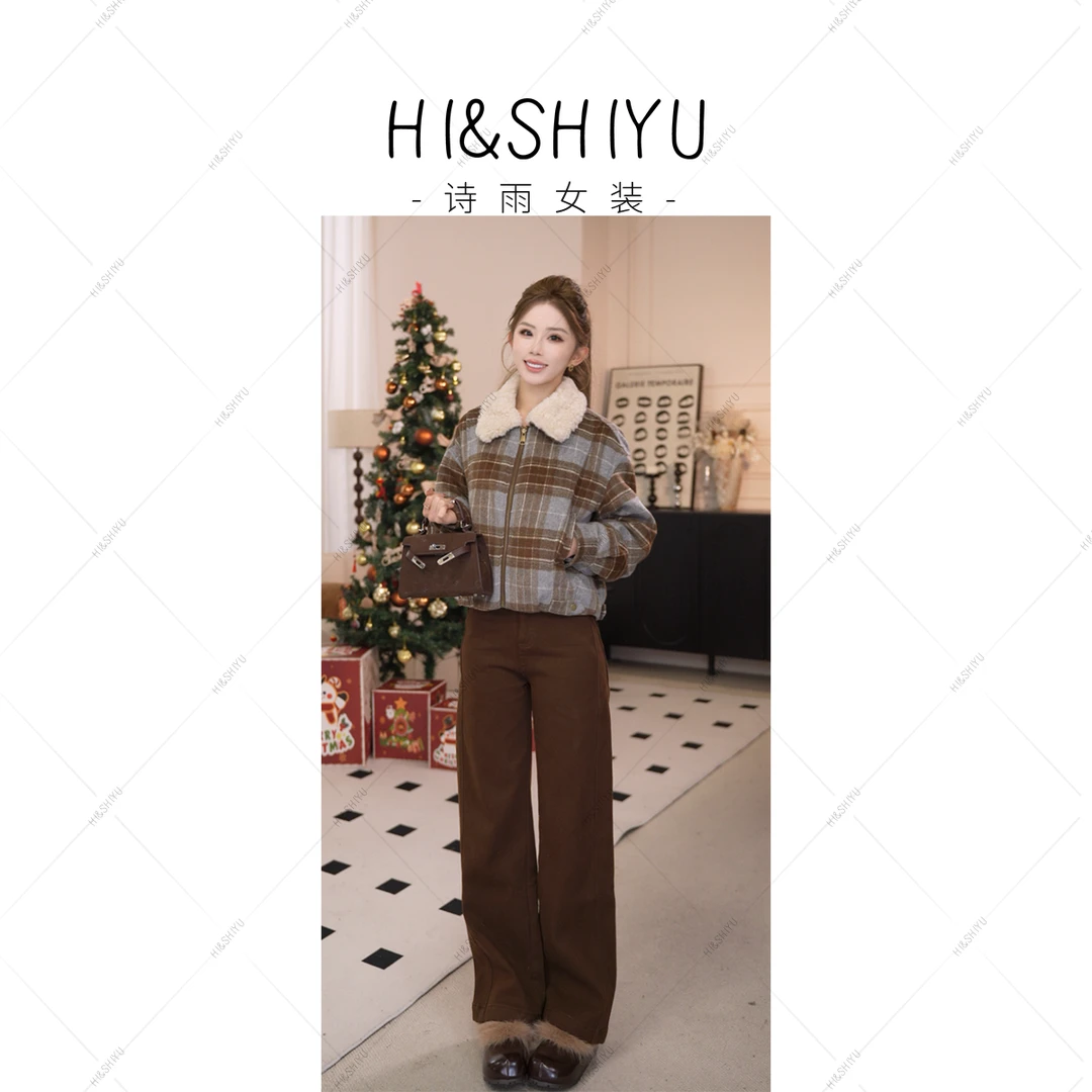 HISHIYU加绒直筒长裤秋冬季修身弹力显瘦时尚小个子牛仔裤女